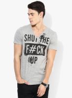 Tom Tailor Grey Melange Printed V Neck T-Shirt