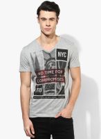 Tom Tailor Grey Melange Printed V Neck T-Shirt