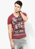 Tom Tailor Maroon Printed V Neck T-Shirt