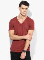 Tom Tailor Maroon Solid V Neck T-Shirt