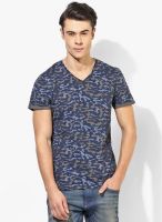 Tom Tailor Navy Blue Printed V Neck T-Shirt