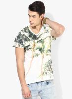 Tom Tailor Off White Printed V Neck T-Shirt