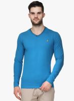 WYM Blue Solid V Neck T-Shirt