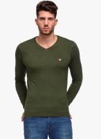 WYM Green Solid V Neck T-Shirt