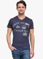 WYM Navy Blue Printed V Neck T-Shirt