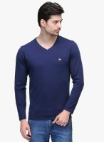 WYM Navy Blue Solid V Neck T-Shirt