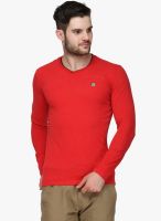 WYM Red Solid V Neck T-Shirt