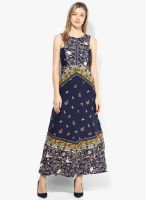 Calgari Navy Blue Colored Printed Maxi Dress