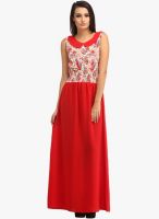 Cottinfab Red Colored Printed Maxi Dress