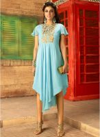 Inddus Blue Colored Embroidered Asymmetric Dress