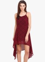 Label VR Maroon Colored Printed Asymmetric Dress