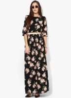 MIAMINX Black Colored Printed Maxi Dress With Belt