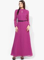 MIAMINX Purple Colored Printed Maxi Dress With Belt