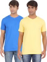 Ap'pulse Solid Men's V-neck Blue, Yellow T-Shirt(Pack of 2)