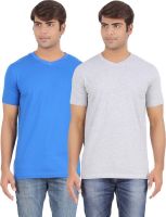 Ap'pulse Solid Men's V-neck Blue, Grey T-Shirt(Pack of 2)