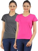 Ap'pulse Solid Women's V-neck Grey, Pink T-Shirt(Pack of 2)