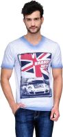 Ausy Printed Men's V-neck White, Blue T-Shirt