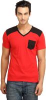 Fio Solid Men's V-neck Red, Black T-Shirt