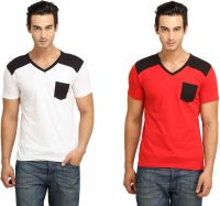 Fio Solid Men's V-neck White, Red T-Shirt(Pack of 2)
