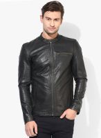 Jack & Jones Black Solid Regular Fit Leather Jacket