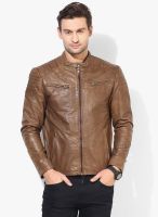 Jack & Jones Brown Solid Regular Fit Leather Jacket