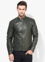 Jack & Jones Olive Solid Regular Fit Leather Jacket
