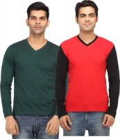 Leana Solid Men's V-neck Green, Red T-Shirt(Pack of 2)