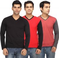 Leana Solid Men's V-neck Black, Red, Red T-Shirt(Pack of 3)