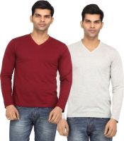 Leana Solid Men's V-neck Maroon, Grey T-Shirt(Pack of 2)