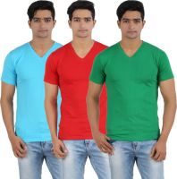Lyril Solid Men's V-neck Blue, Red, Dark Green T-Shirt(Pack of 3)