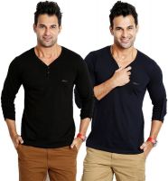 Rodid Solid Men's V-neck Black, Blue T-Shirt(Pack of 2)