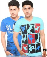 Zwizdot Printed Men's V-neck Blue, Light Blue T-Shirt(Pack of 2)