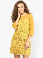 AND Yellow Colored Embroidered Shift Dress