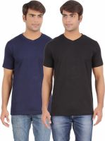 Ap'pulse Solid Men's V-neck Dark Blue, Black T-Shirt(Pack of 2)