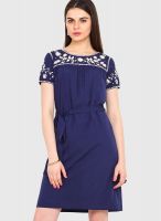 Femenino Navy Blue Colored Embroidered Shift Dress