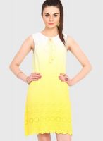 Femenino Yellow Colored Embroidered Shift Dress
