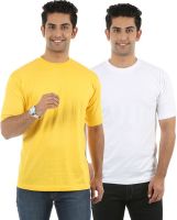 Fidato Solid Men's Round Neck Yellow, White T-Shirt(Pack of 2)