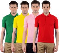 Gdivine Solid Men's Polo Neck Yellow, Pink, Green, Red T-Shirt(Pack of 4)