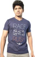 Hueman Printed Men's V-neck Blue T-Shirt
