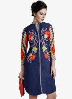 Inddus Blue Color Embroidered Shift Dress