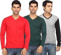 Leana Solid Men's V-neck Red, Green, Grey T-Shirt(Pack of 3)