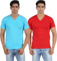 Lyril Solid Men's V-neck Blue, Red T-Shirt(Pack of 2)