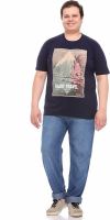 PlusS Printed Men's Round Neck Dark Blue T-Shirt