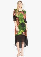 Rain & Rainbow Green Colored Printed Rayon Shift Dress