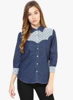 The Vanca Basic Denim Button Down Shirt In Dark Wash With Lace Overlay-3/4Th Sleeves