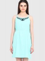 Femenino Aqua Blue Colored Embroidered Shift Dress