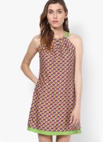 NOI Green Colored Printed Shift Dress