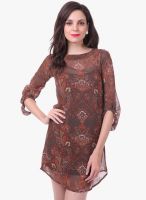 Sassafras Brown Colored Printed Shift Dress