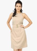 Tops And Tunics Beige Colored Solid Shift Dress With Belt