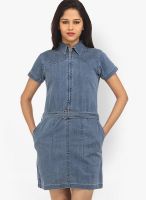 X'Pose Blue Colored Solid Shift Dress